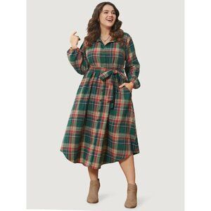 NWT BloomChic Plaid Button Detail Pocket Belted Arc Hem Dress Size 12/L